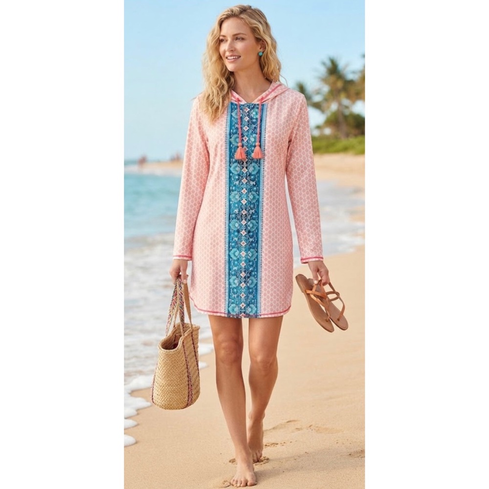 Aqua Et Sol Tassel Tie UPF 50+ Swim Beach Hooded Coverup Large